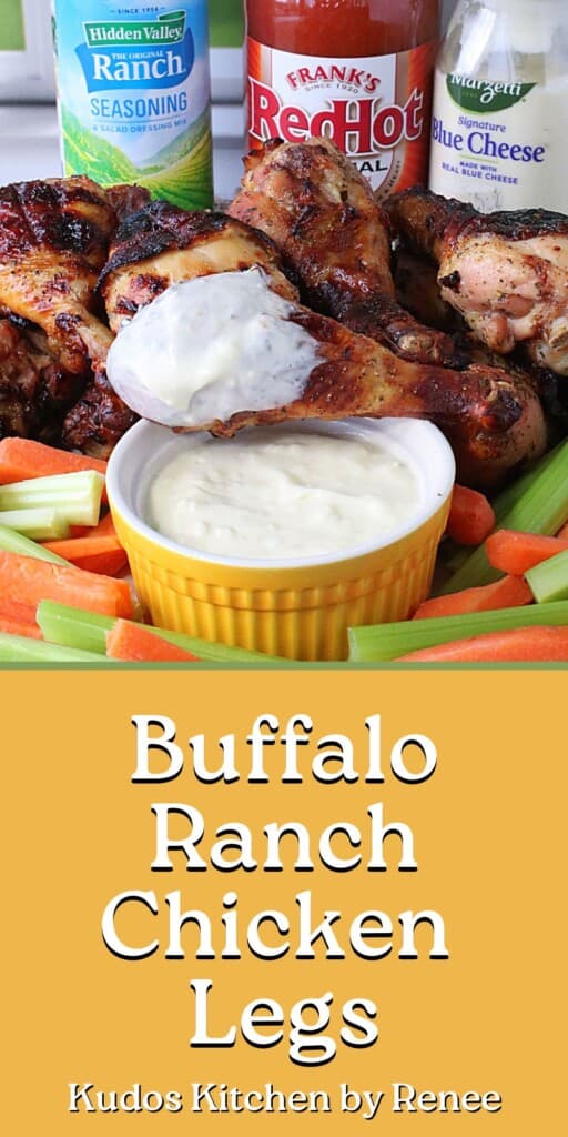 A Pinterest pin for Buffalo Ranch Chicken Legs with a title text.