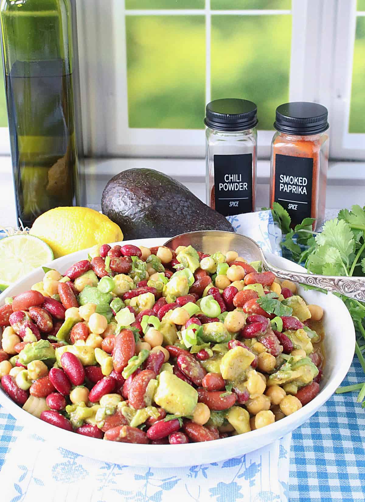 A white bowl filled with a colorful avocado and red kidney bean salad by a window.