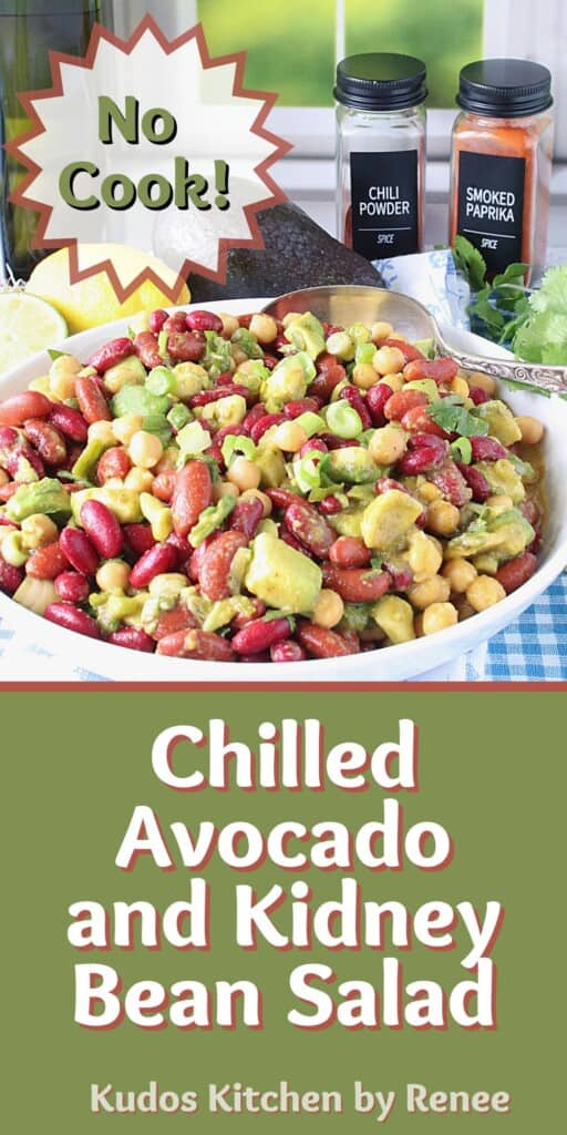 A Pinterest pin image for a Chilled Avocado and Kidney Bean Salad along with a title text.