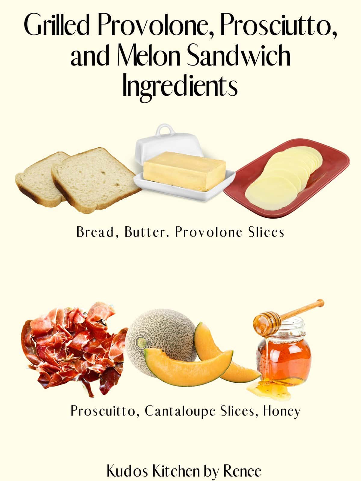 A visual ingredient list for making Grilled Provolone, Prosciutto, and Melon Sandwiches.