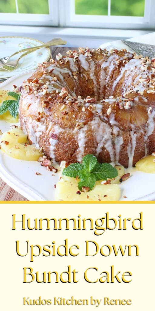 A Pinterest image for Hummingbird Upside Down Cake along with a title text.