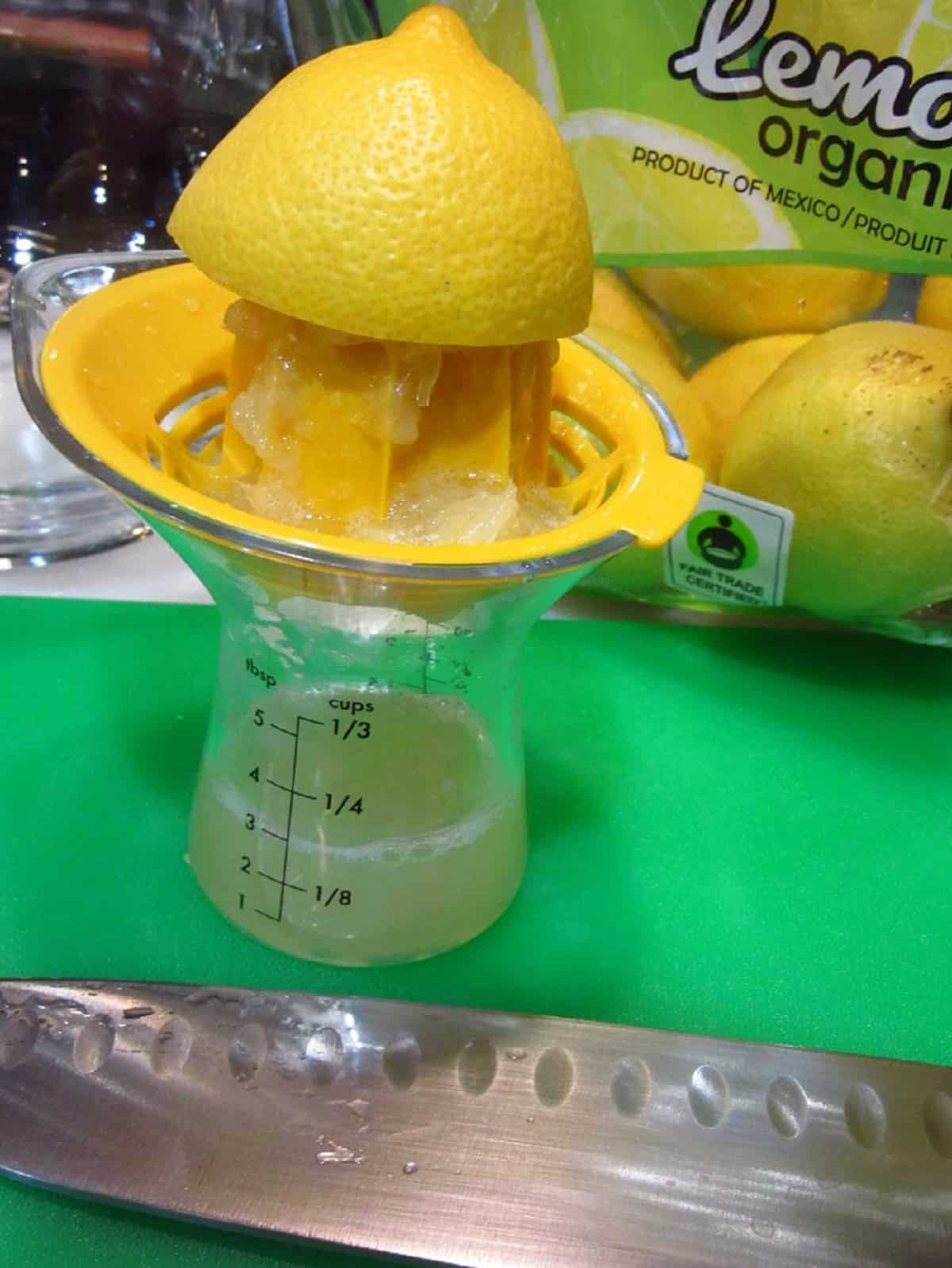 A half a lemon on top of a small citrus juicer.