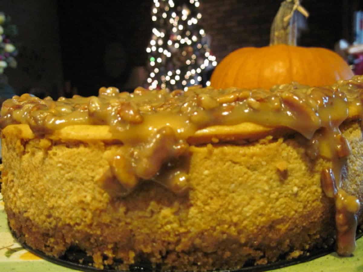 A Maple Pumpkin Cheesecake with a lit Christmas tree in the background