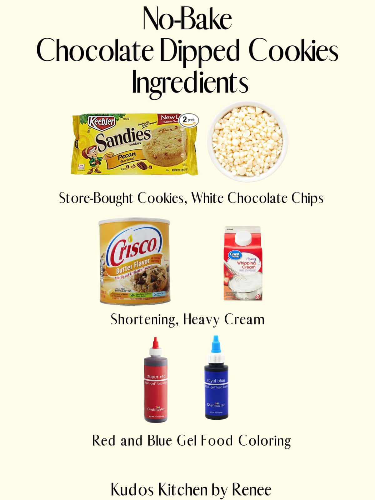 A visual ingredient list for making No-Bake Chocolate Dipped Cookies.