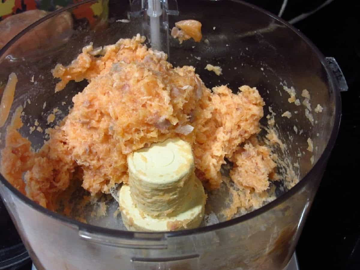 Ground salmon in a food processor.