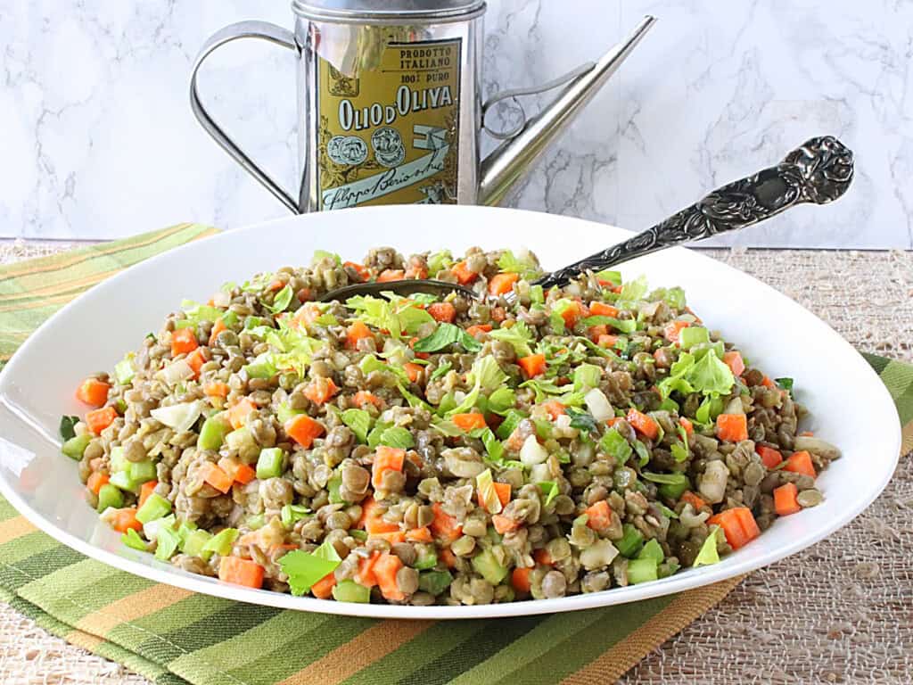 A large white bowl filled with Chilled French Lentil Salad.