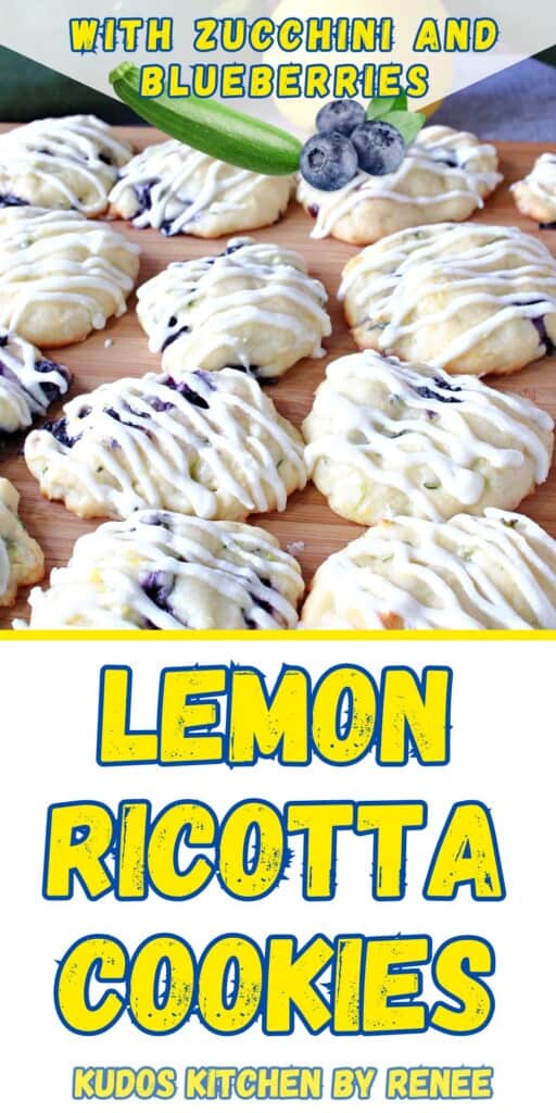 A Pinterest pin for Lemon Ricotta Cookies with Zucchini and Blueberries along with a title text.