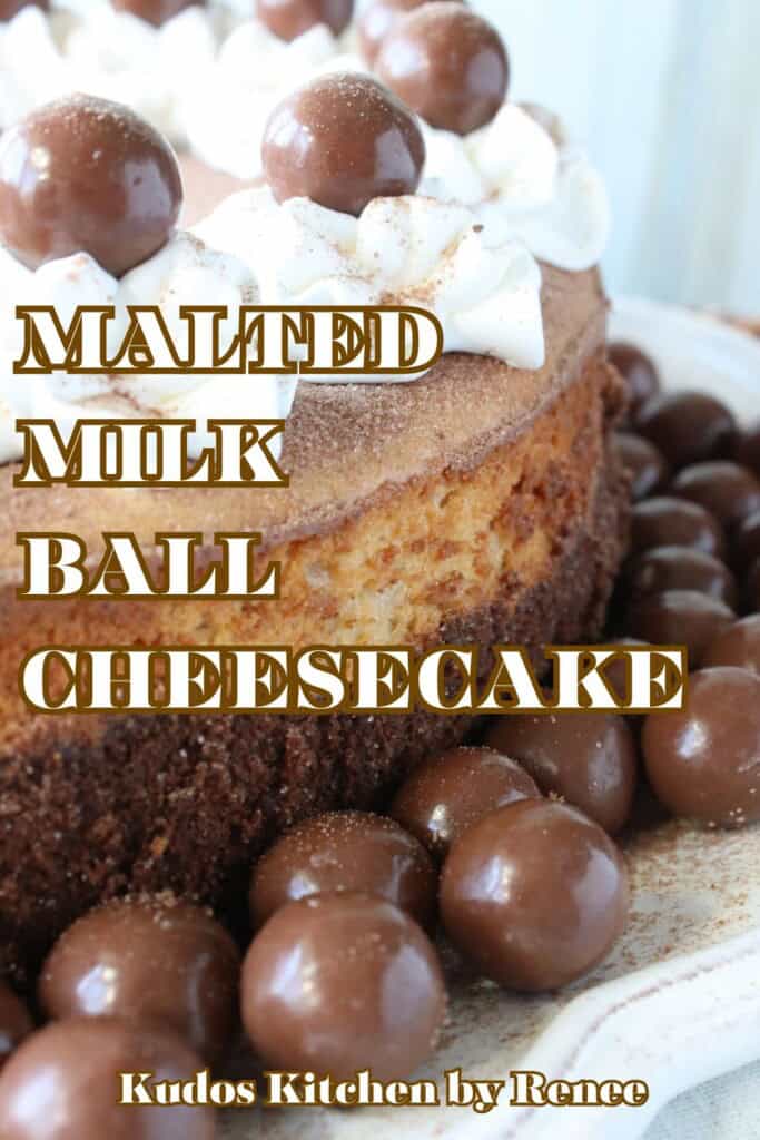 A Pinterest image with a title text for Malted Milk Ball Cheesecake.