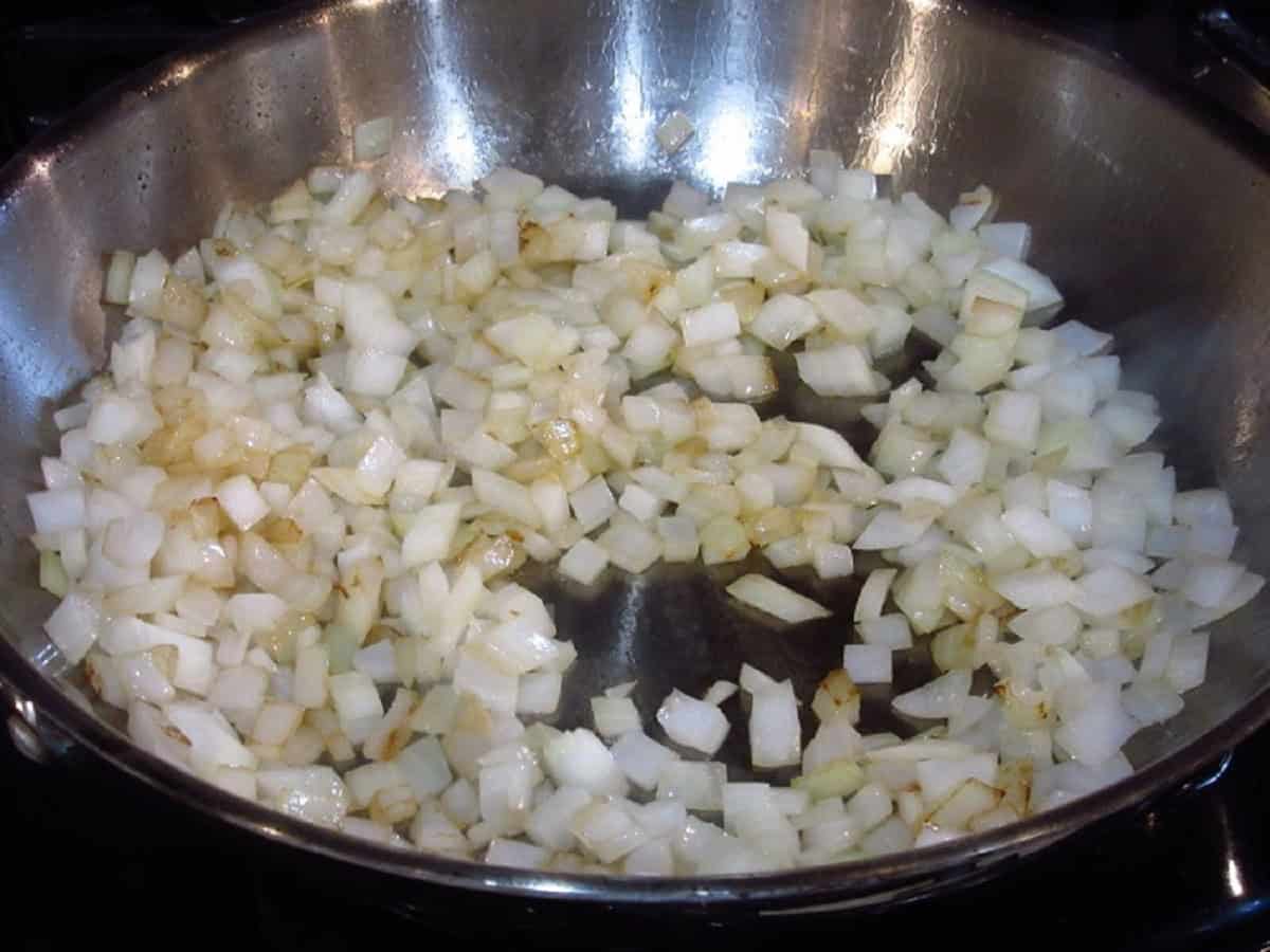 Chopped onions in a large skillet.