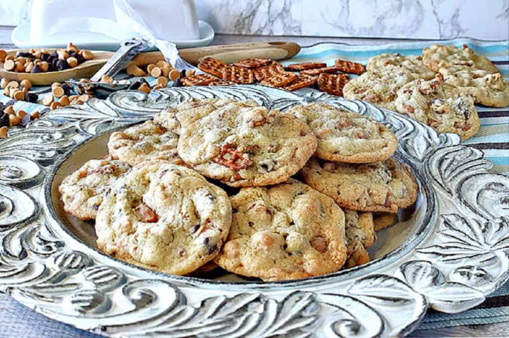 A pretty blue plate filled with Take 5 Cookies.