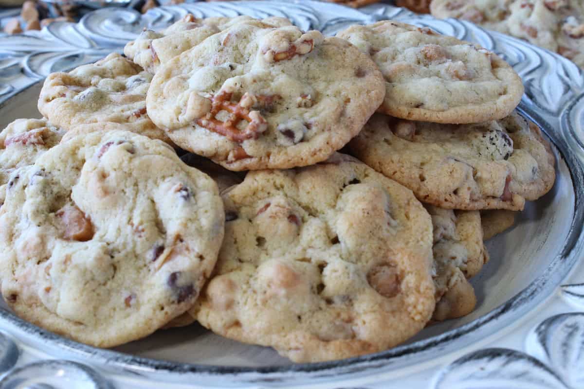 A stack of Take 5 Cookies on a decorative blue plate.