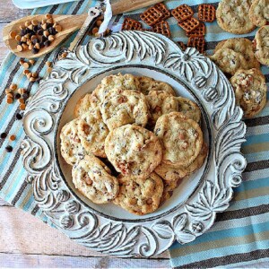 A blue plate with scrolls filled with Take 5 Cookies.
