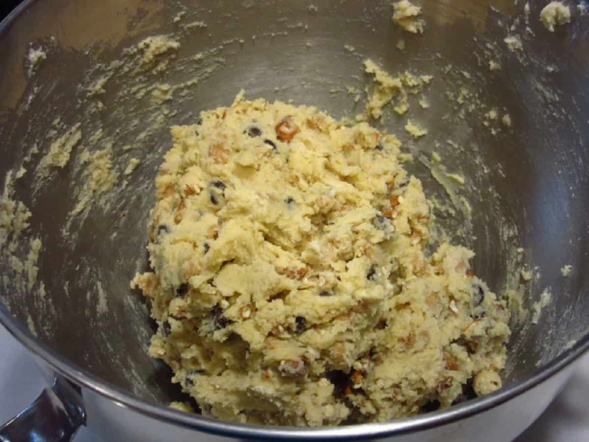 Take 5 Cookie dough in a stainless steel bowl.