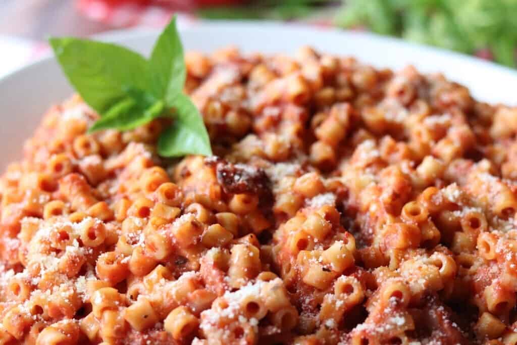 Closeup of ditallini pasta with tomato bacon mascarpone sauce.
