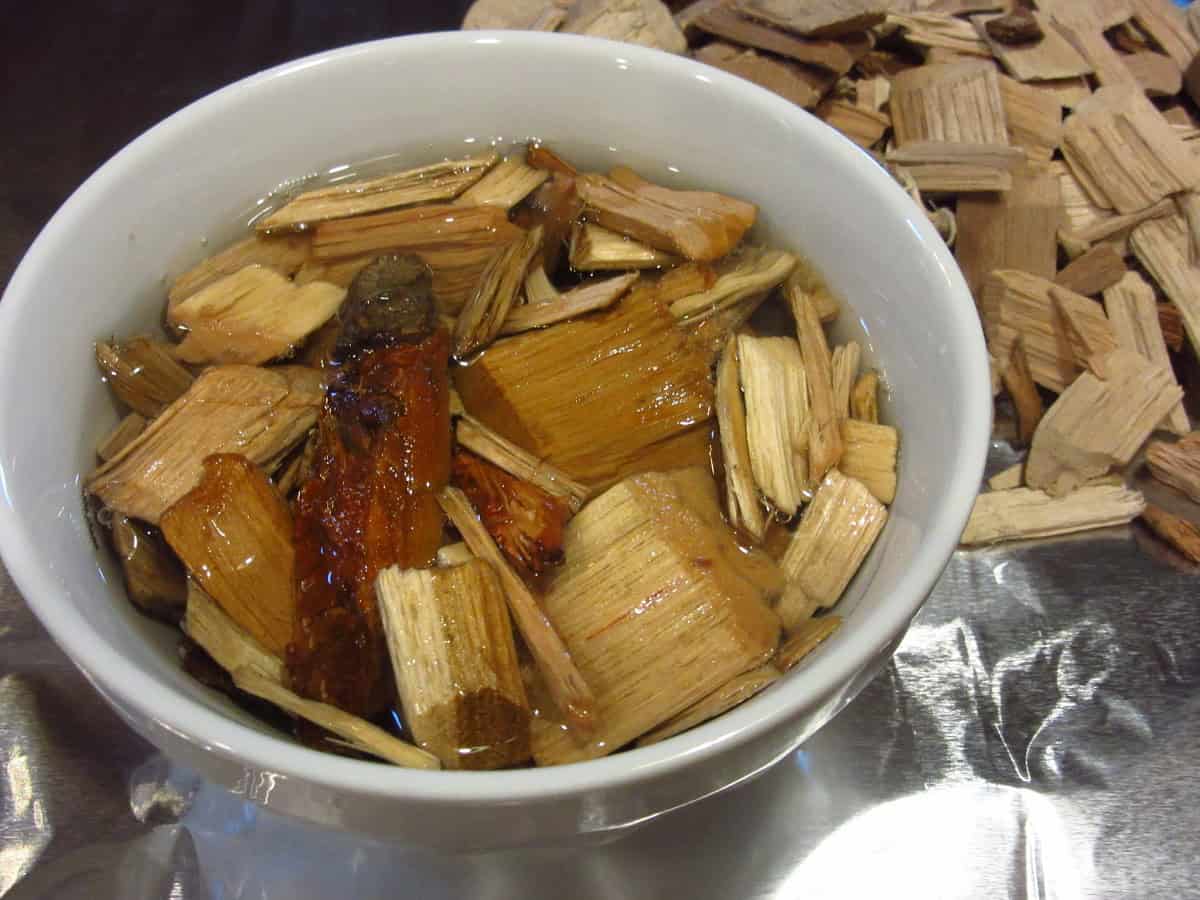Wood chips in a bowl of water.