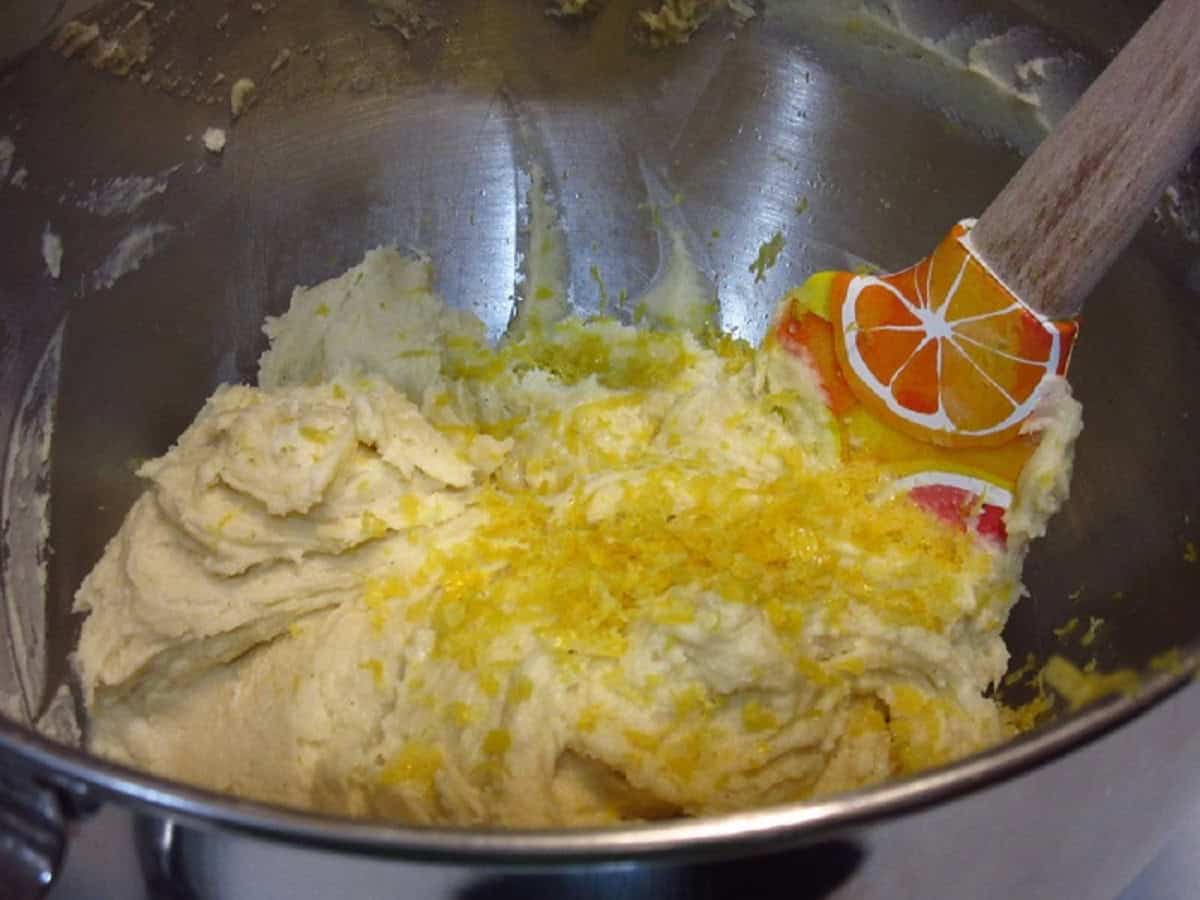 Fresh lemon zest in a lemon ricotta cookie dough batter.