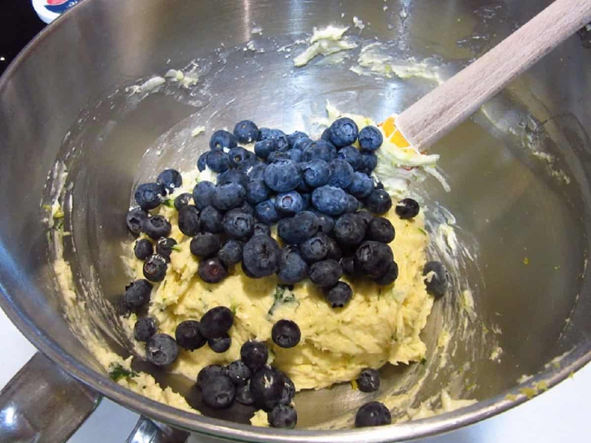 Fresh blueberries in a bowl with ricotta cookie dough with zucchini.