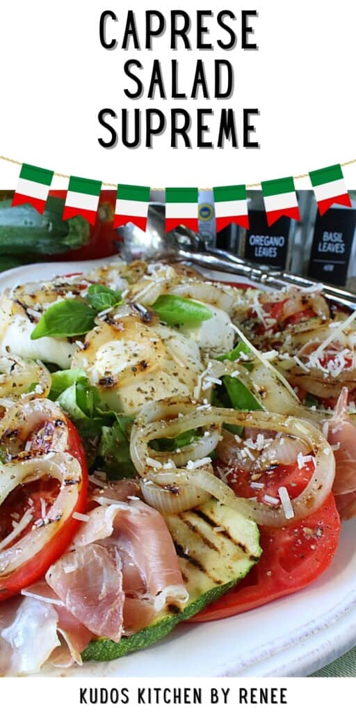 A Pinterest pin for a Caprese Salad Supreme with a title text graphic.
