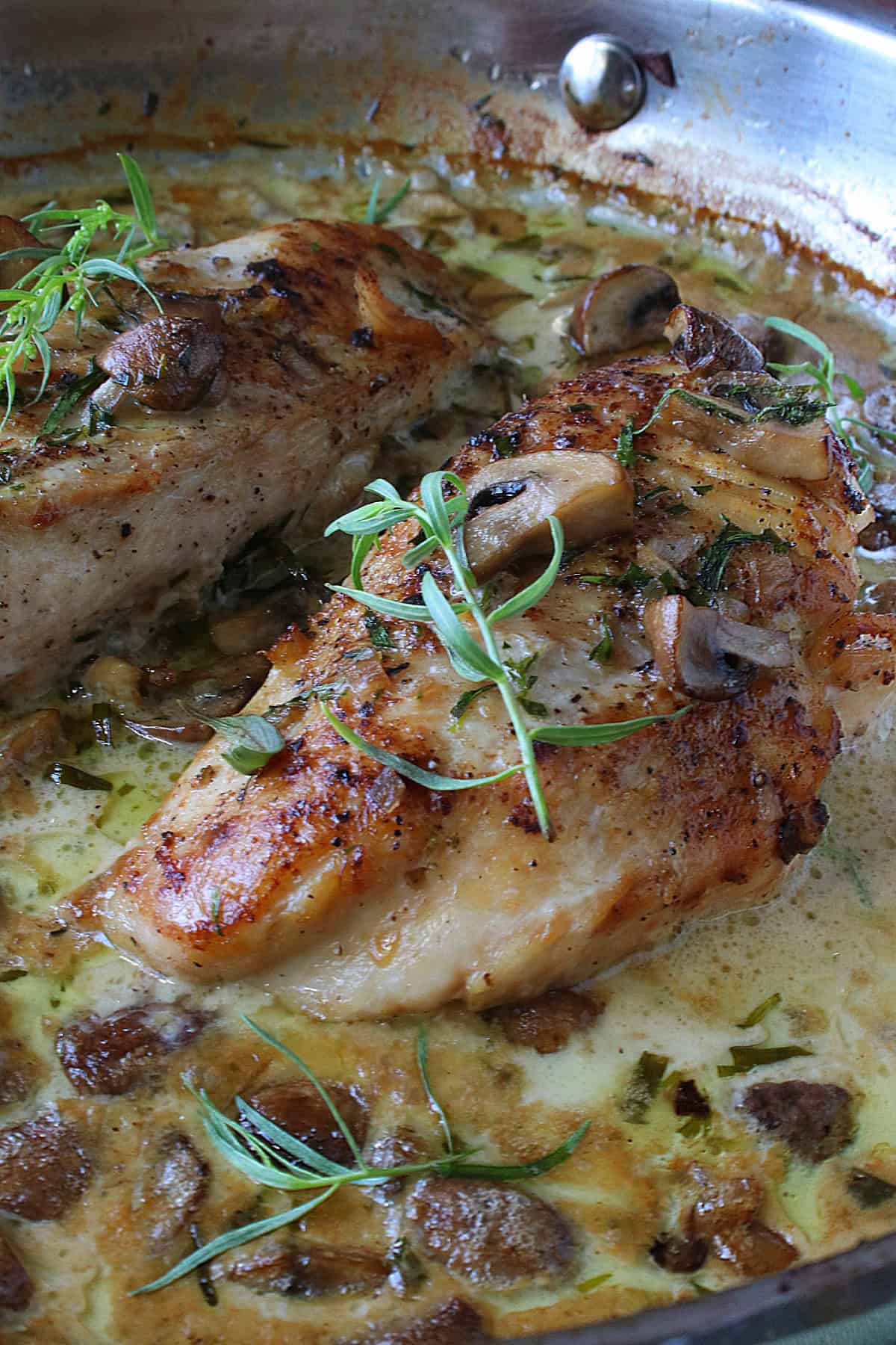 A creamy French Tarragon Chicken Breast in a skillet with mushrooms and tarragon.