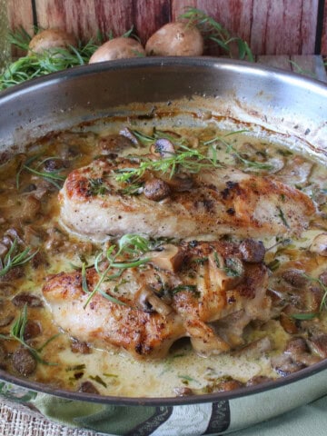 A large silver sauté pan containing Creamy French Tarragon Chicken breasts with mushroom sauce.
