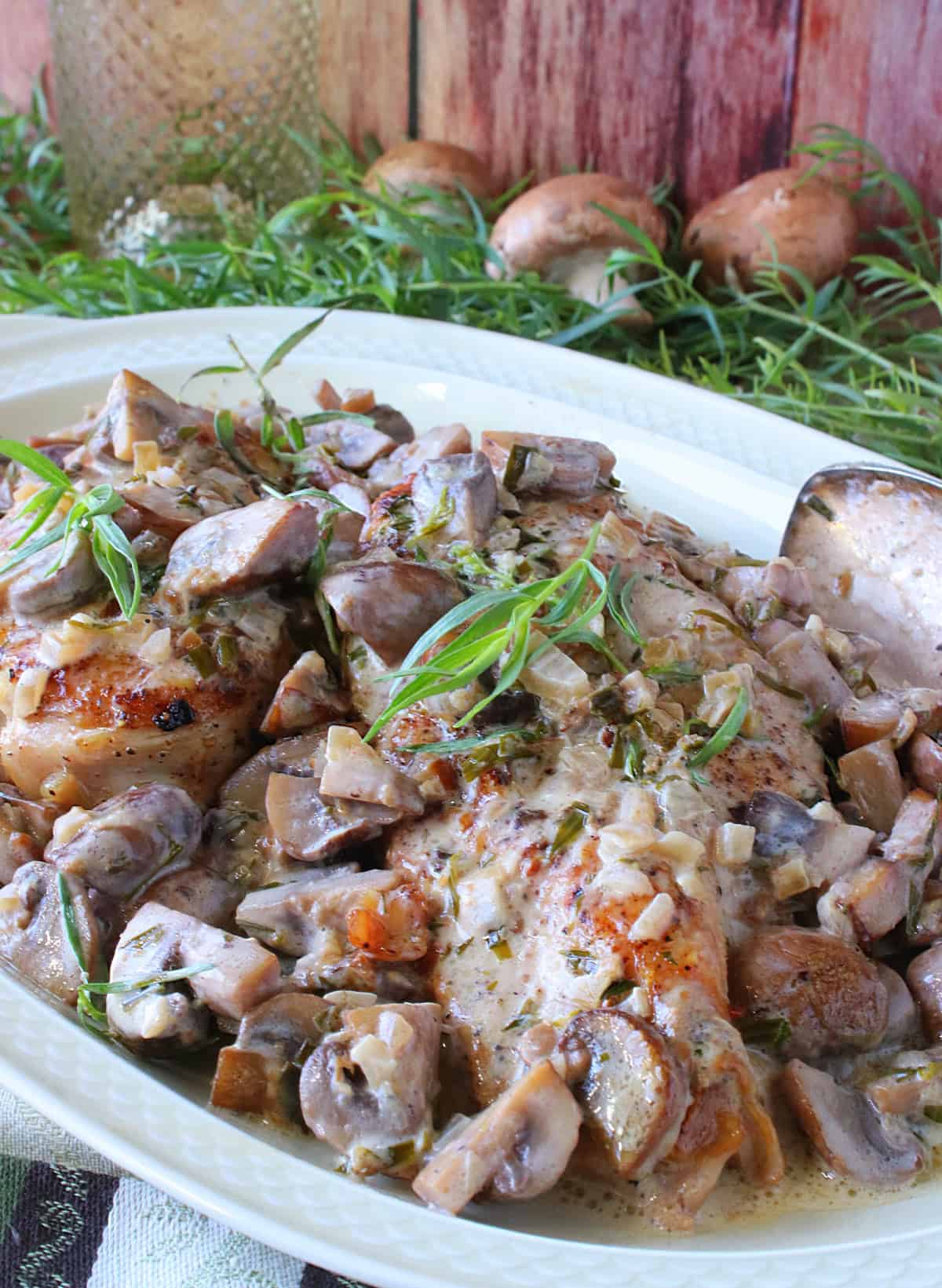 A platter filled with French Tarragon Chicken with a creamy mushroom sauce.