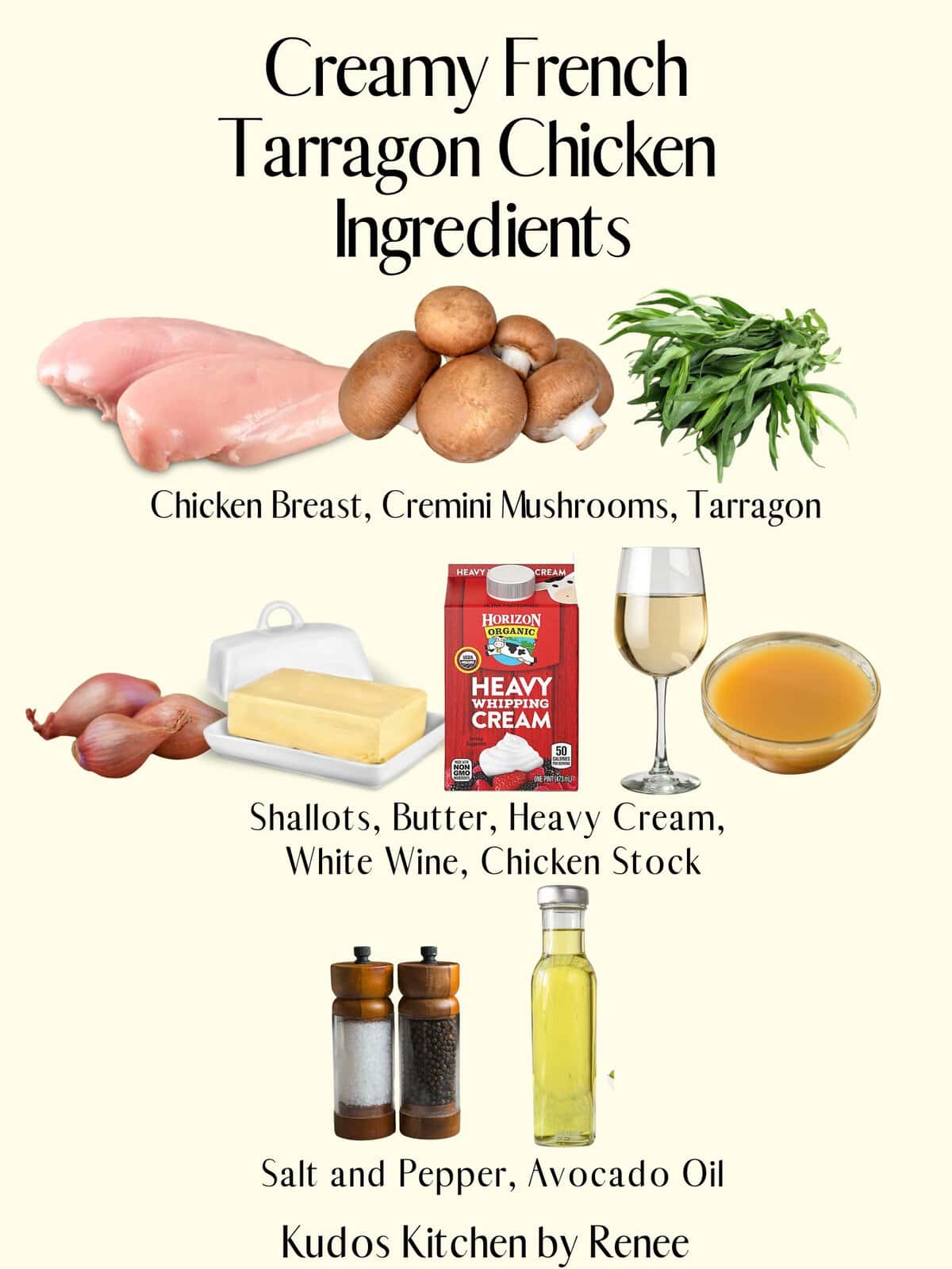 A visual ingredient list for making Creamy French Tarragon Chicken.