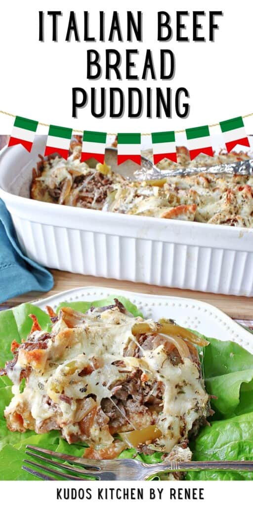 A Pinterest image for Italian Beef Bread Pudding along with a title text.