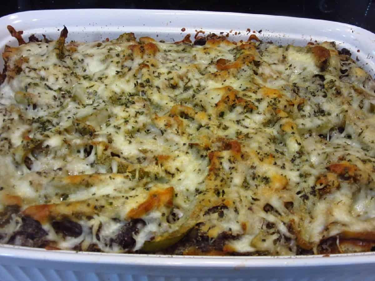 A baked Italian Beef Bread Pudding in a casserole dish.