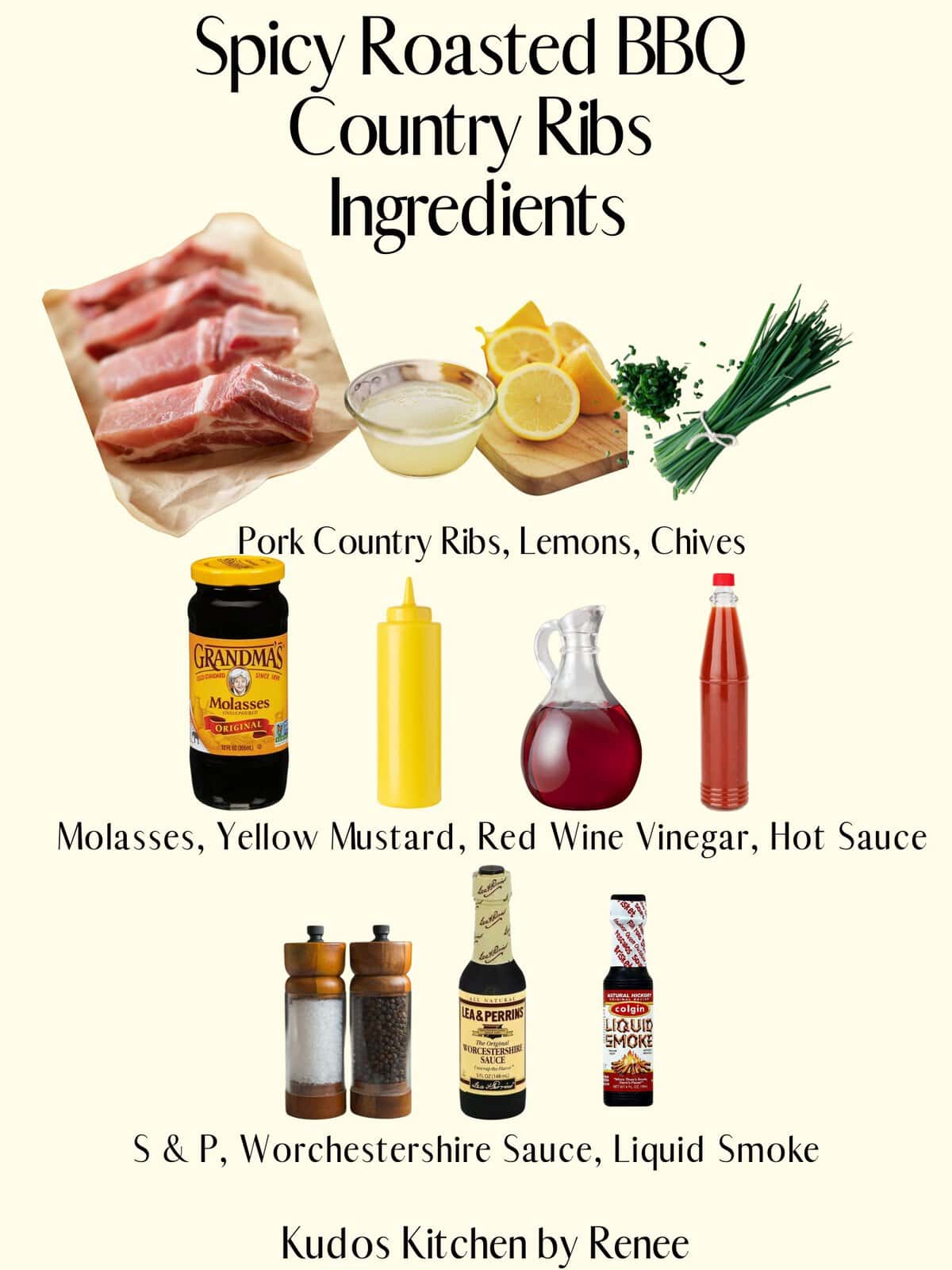 Visual ingredient list for making Spicy Roasted BBQ Country Ribs.