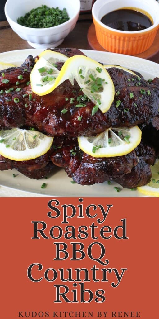 A Pinterest pin for Spicy Roasted BBQ Country Ribs along with a title text.