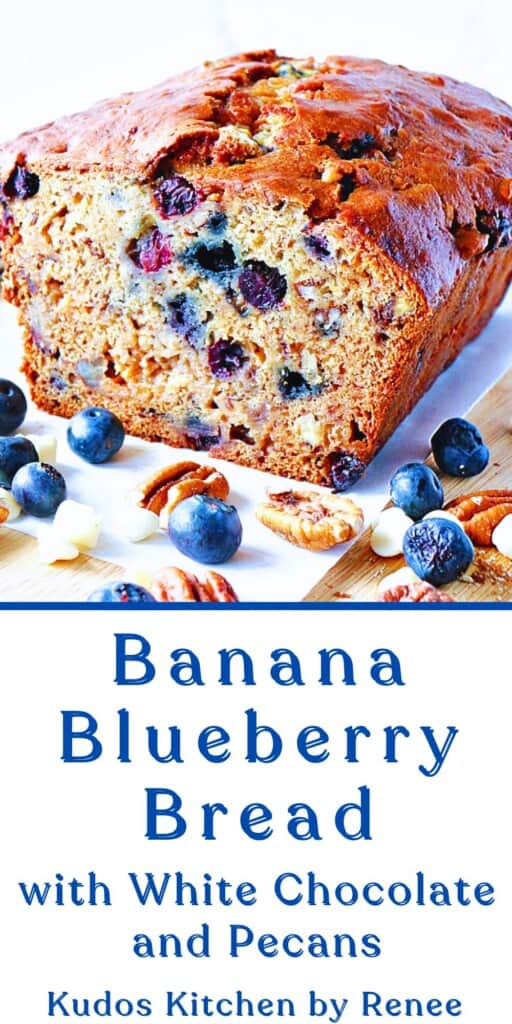 A Pinterest pin for Banana Blueberry Bread along with a title text.