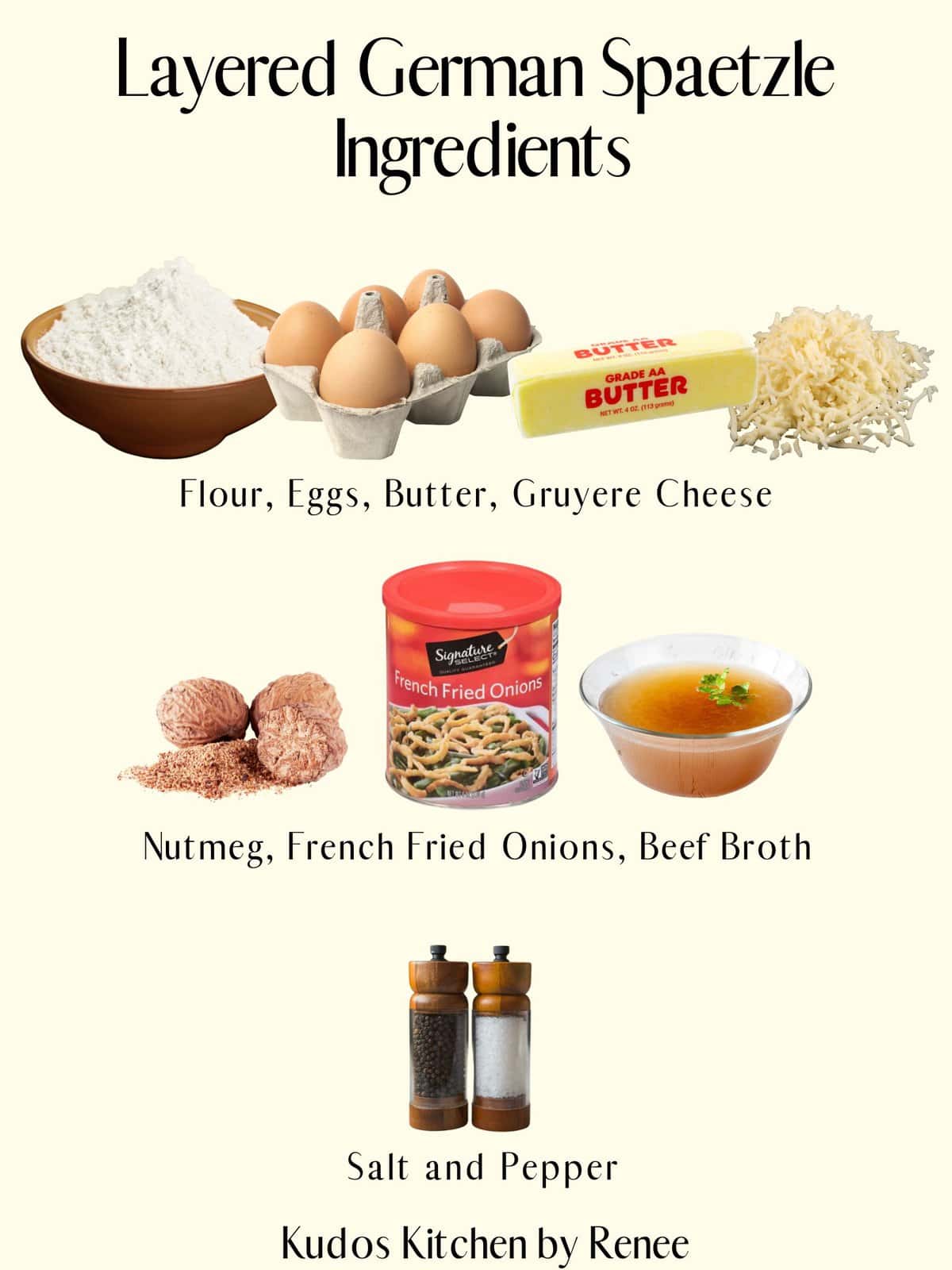 A visual ingredient list for making Layered German Spaetzle Casserole.