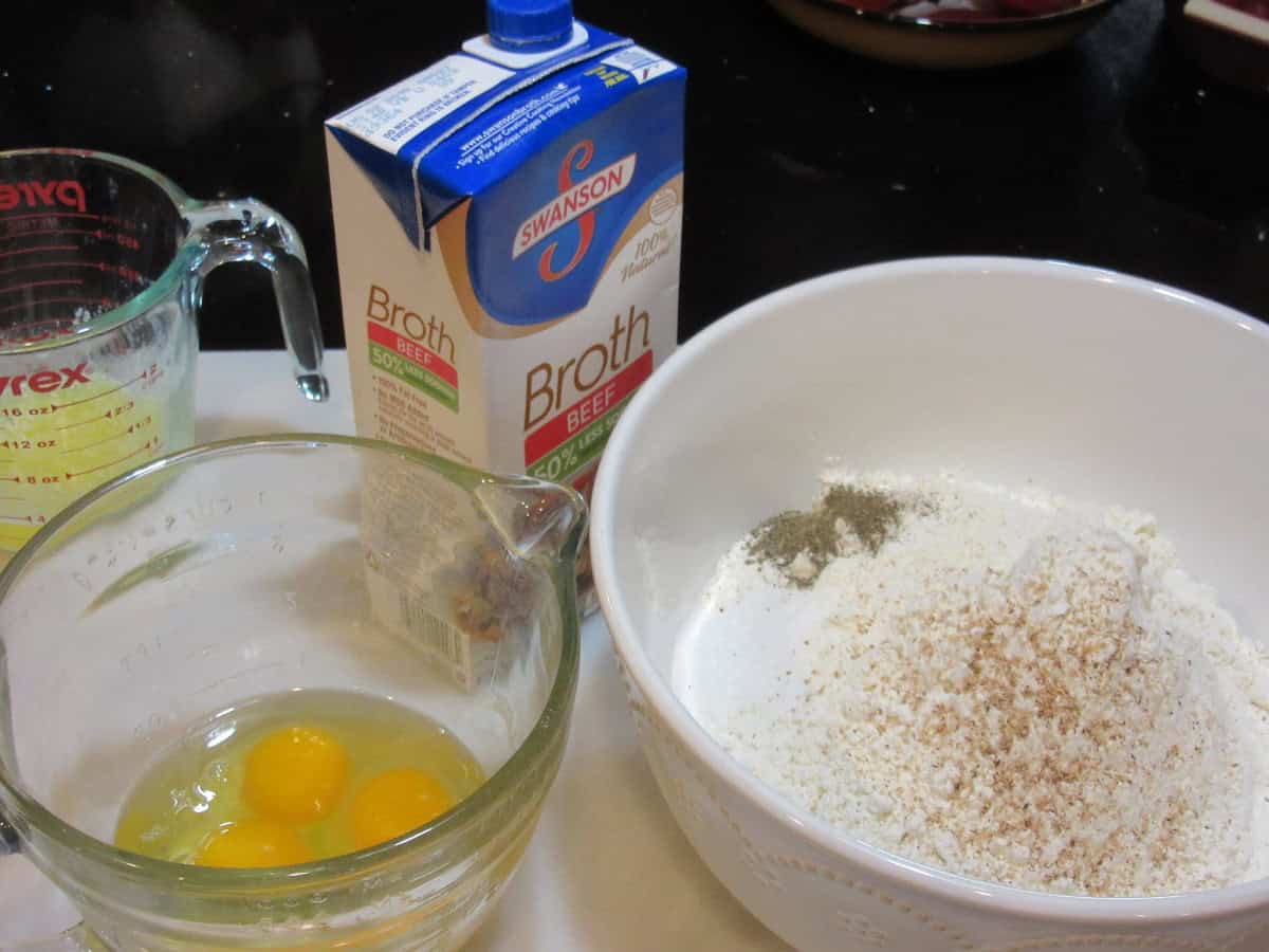 The ingredients for making German spaetzle on the countertop.