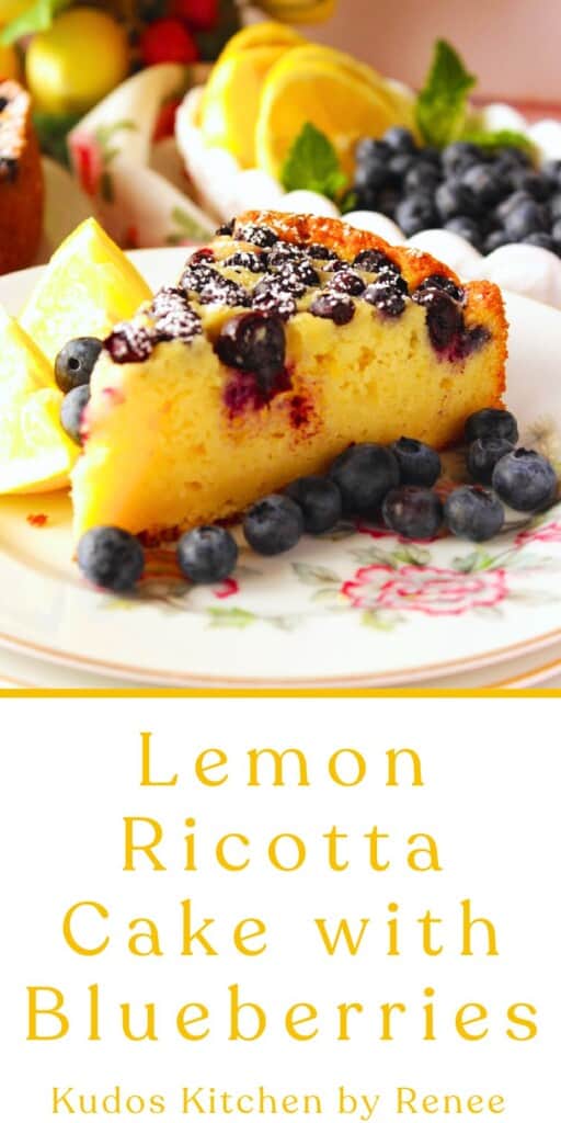 A Pinterest pin for Lemon Ricotta Cake with Blueberries along with a title text.