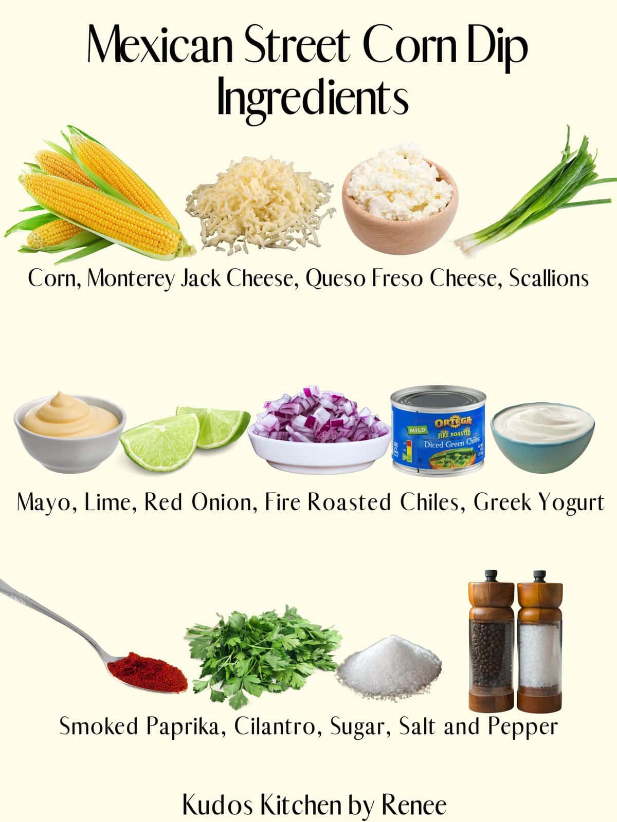 A visual ingredient list for making Mexican Street Corn Dip.