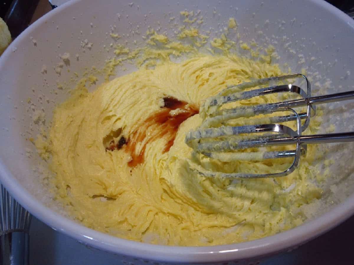 Vanilla extract in a batter bowl.