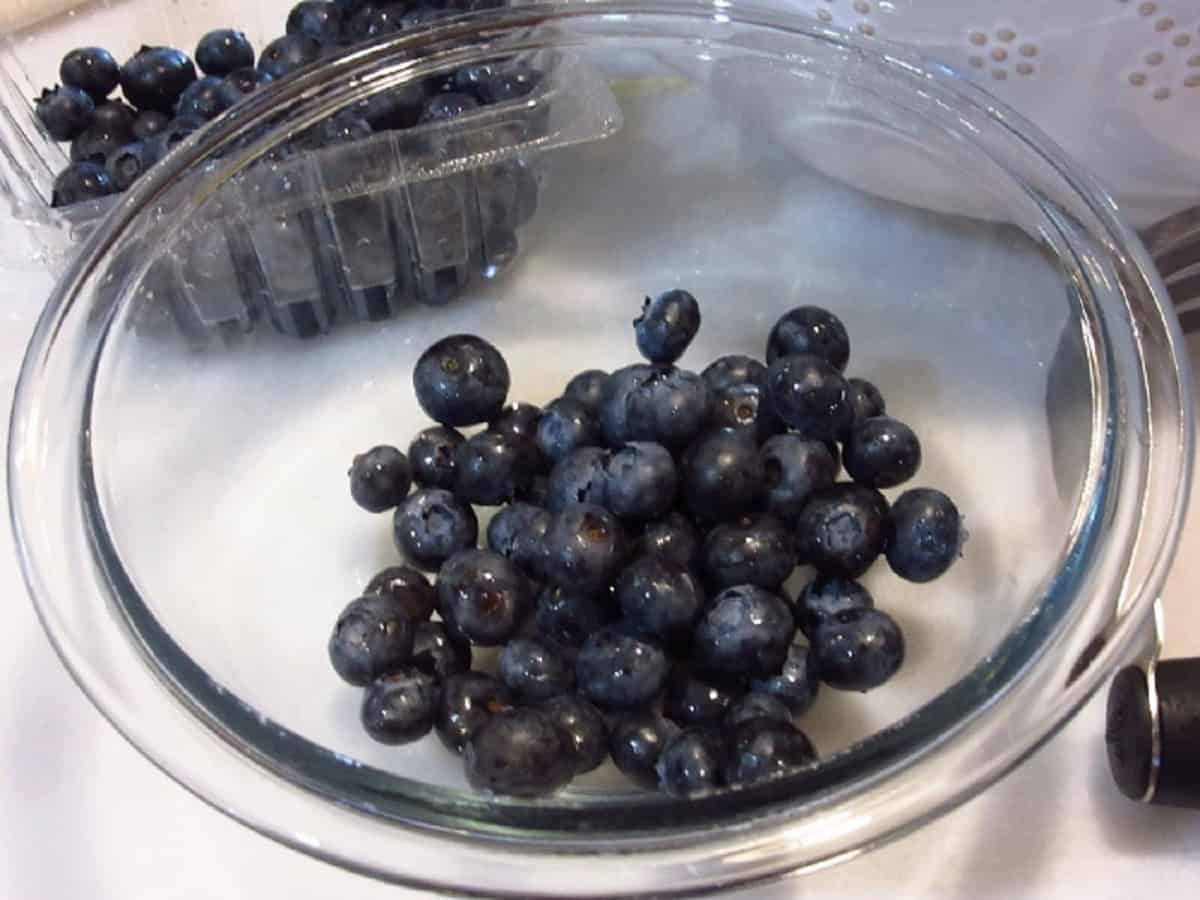 Fresh blueberries in a glass bowl.