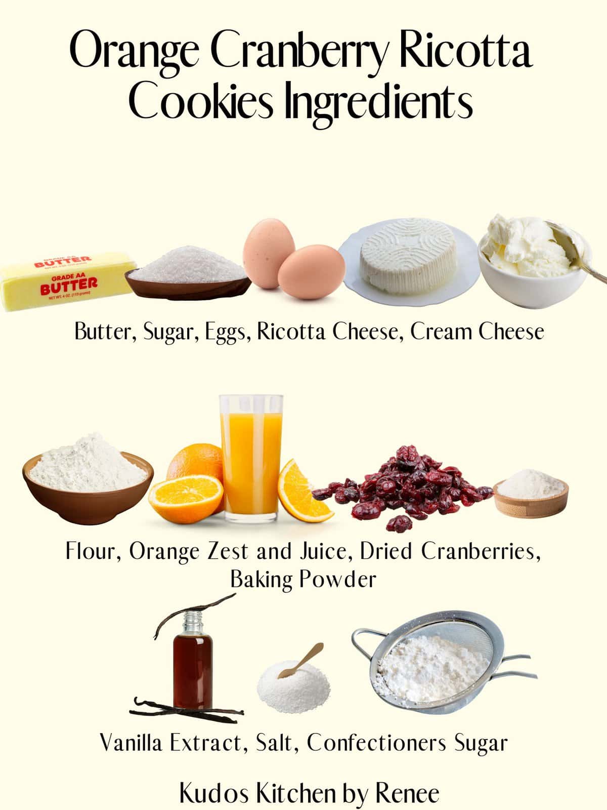 A visual ingredient list for making Orange and Cranberry Ricotta Cookies.