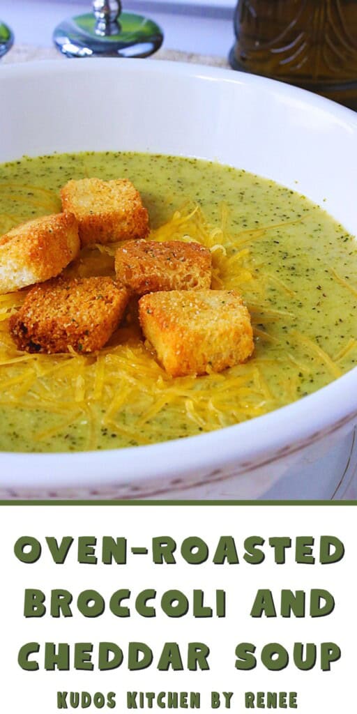 Toasted croutons on top of a bowl of Roasted Broccoli Cheddar Soup.