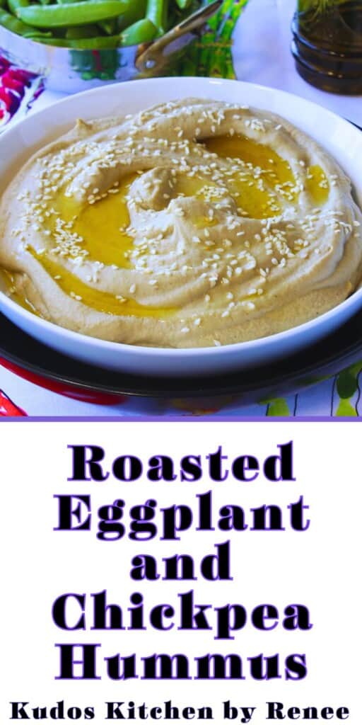 A Pinterest pin for Roasted Eggplant and Chickpea Hummus along with a title text.