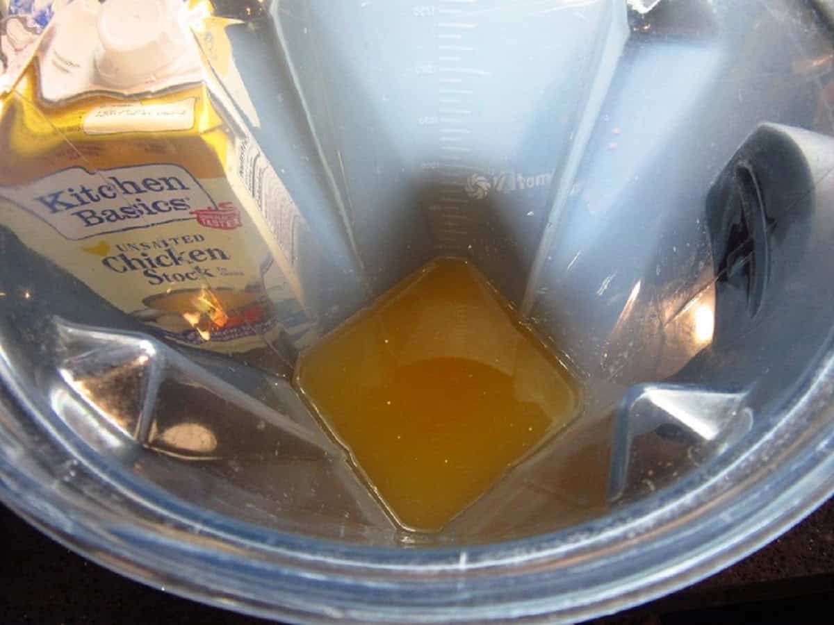 Chicken stock in a blender.