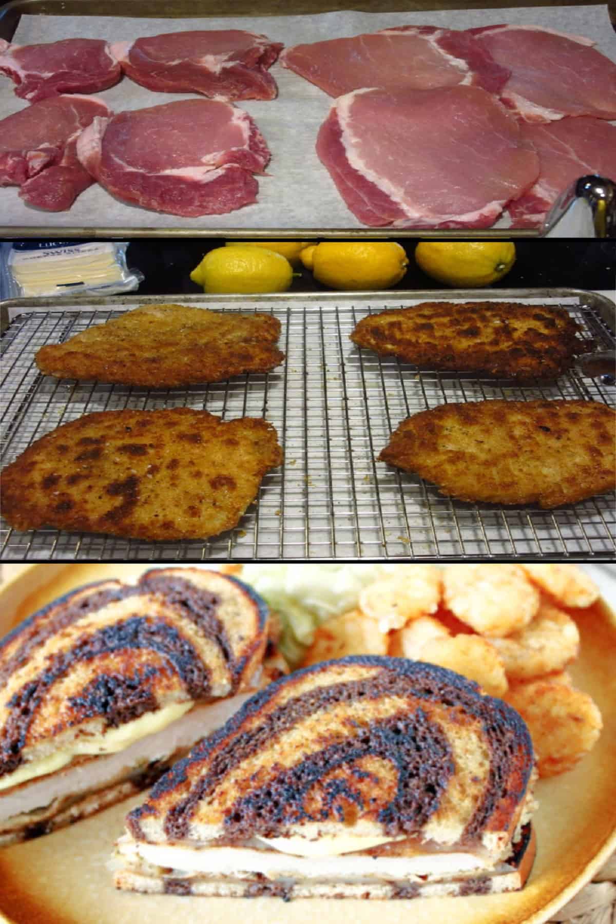 A three image collage for making a pork schnitzel melt sandwich.