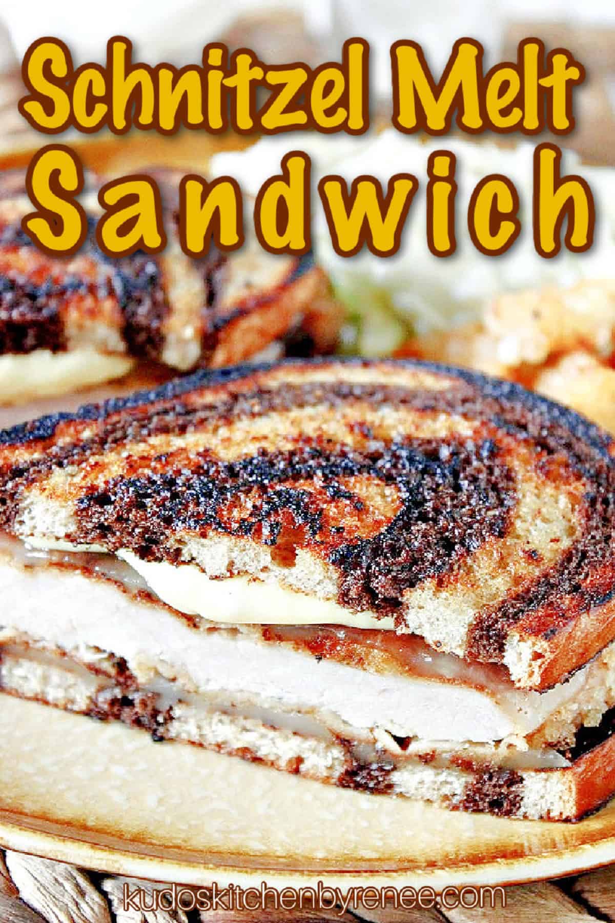 A Pork Schnitzel Melt Sandwich with a title text.