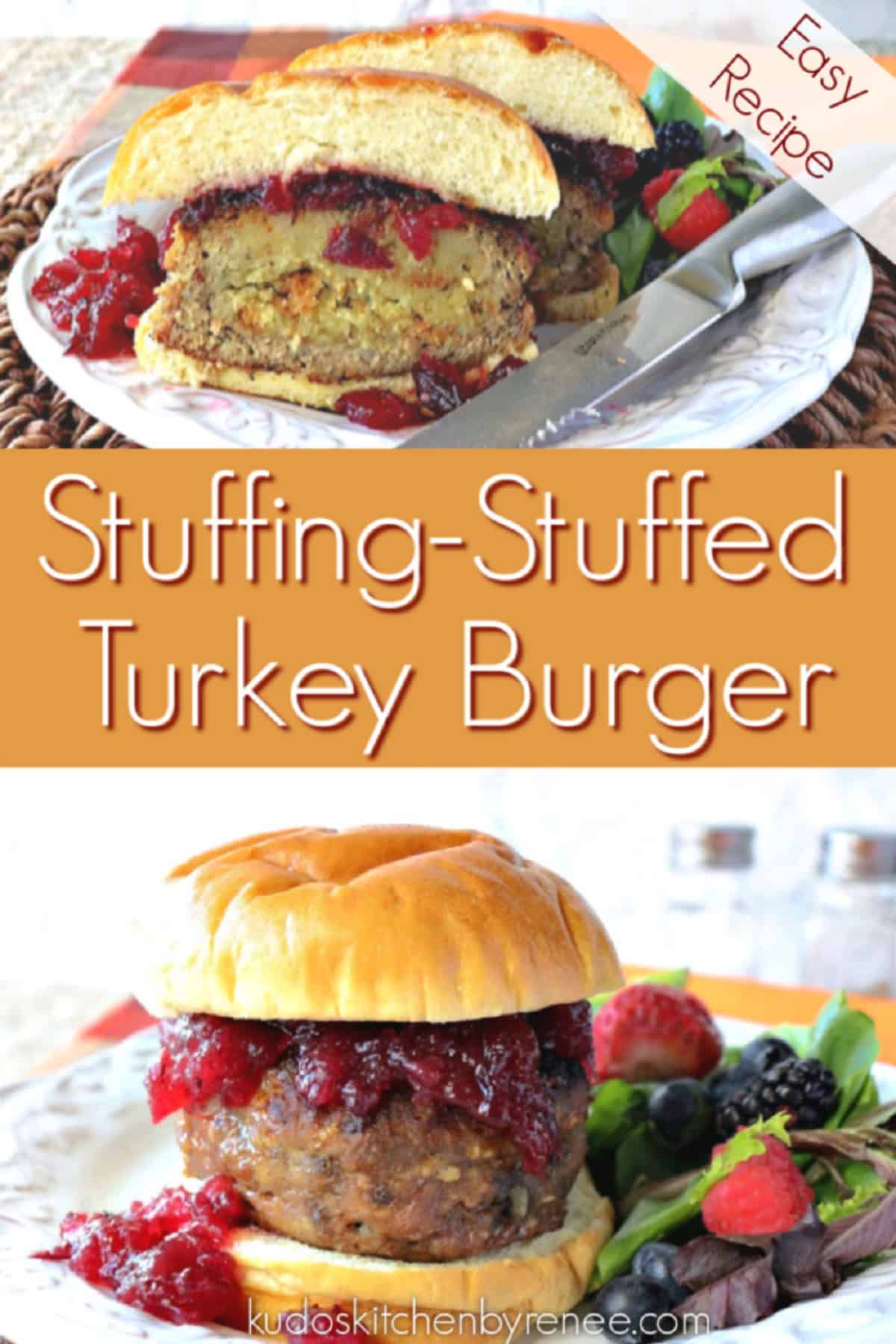 A two image Pinterest pin for Stuffing Stuffed Turkey Burgers.