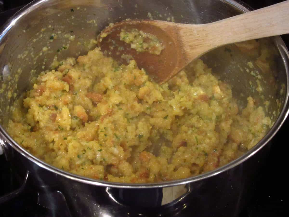 Stove top stuffing in a saucepan on the stove.