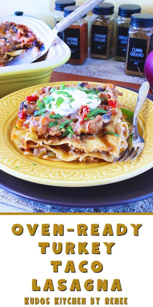 A Pinterest pin for Turkey Taco Lasagna along with a title text.