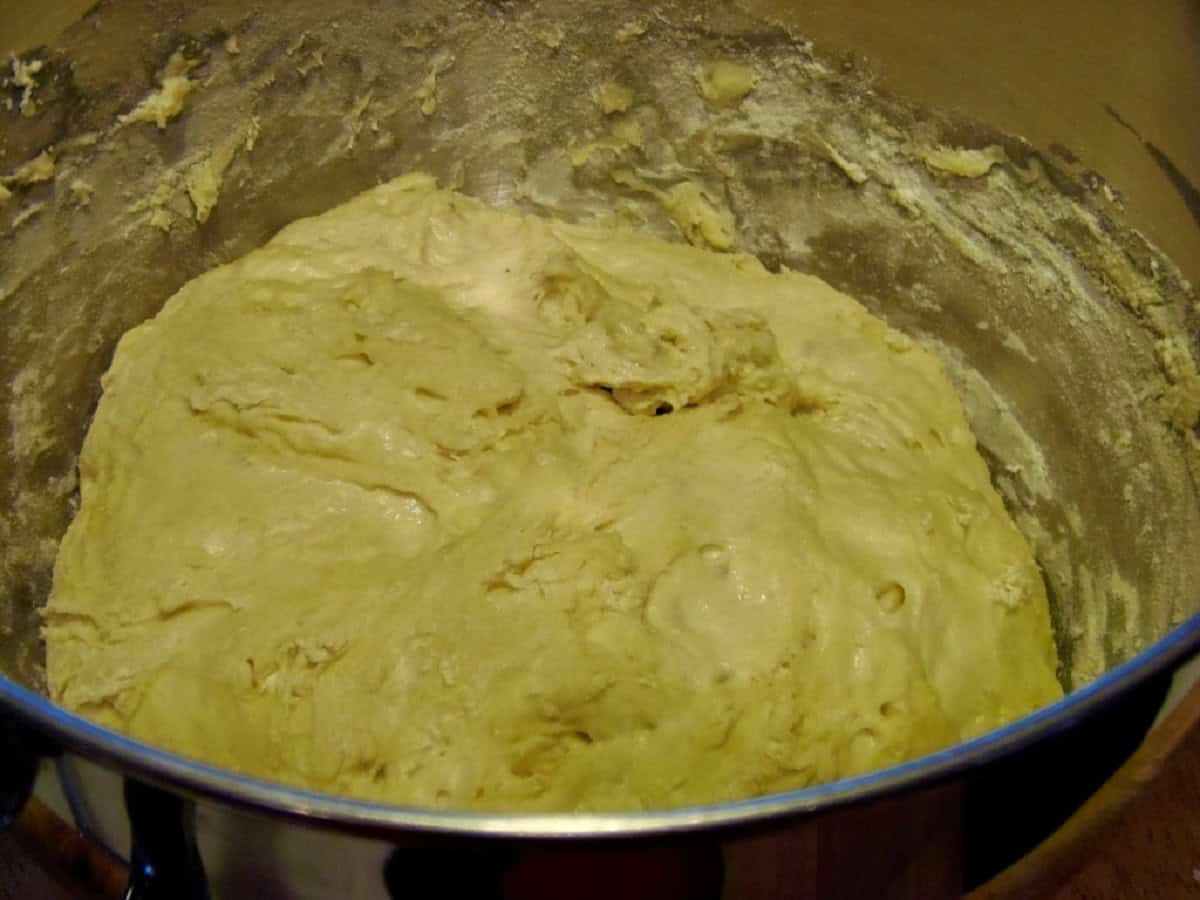 Risen Chinese Bing bread dough in a bowl.