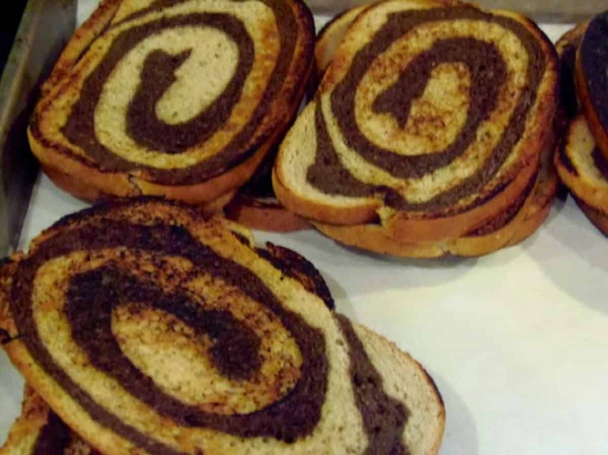 Toasted slices of marbled rye bread.