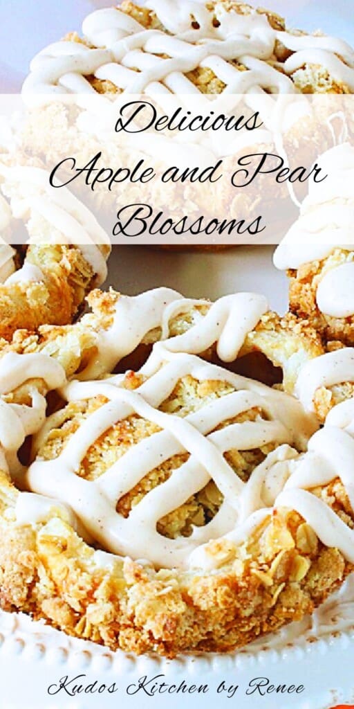 A basic Pinterest pin for Apple and Pear Blossoms along with a title text across the image.