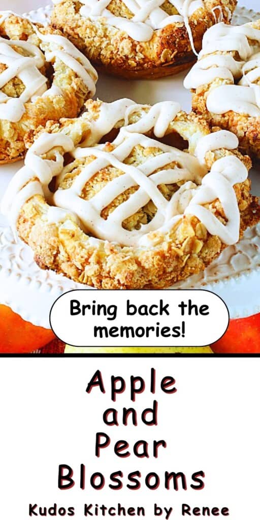 A Pinterest pin for Apple and Pear Blossoms along with a title text.